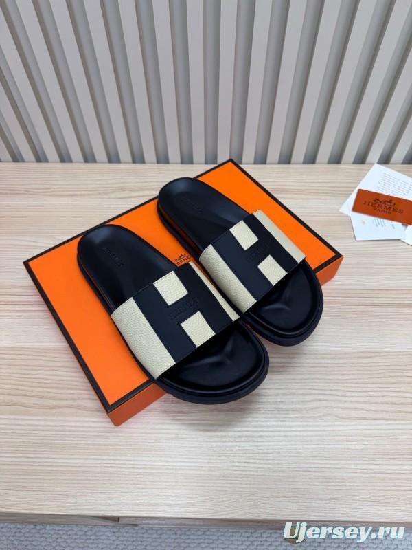 2025 Slippers Hermès Black Beige Leather Slides