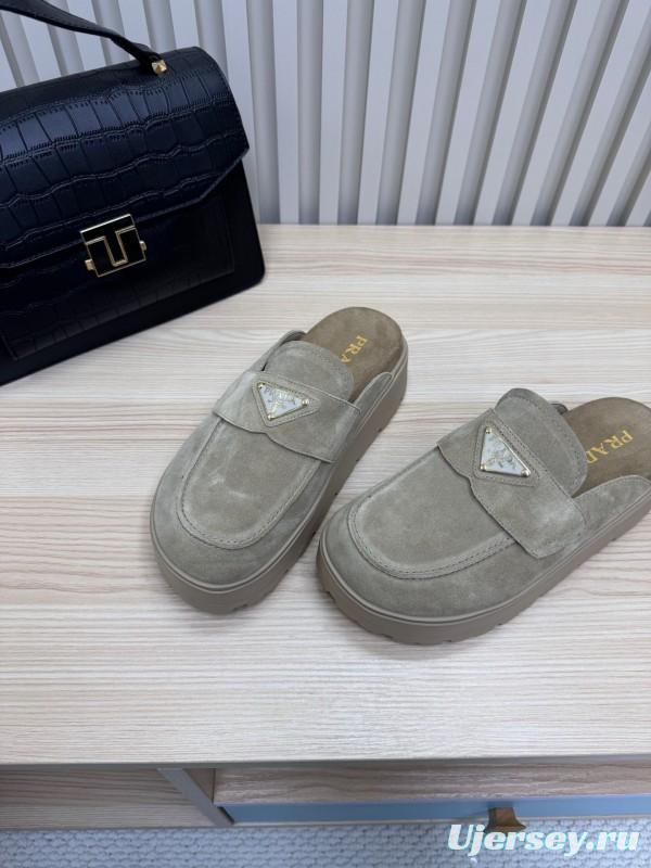 2025 Women Prada Khaki Suede Platform Loafers