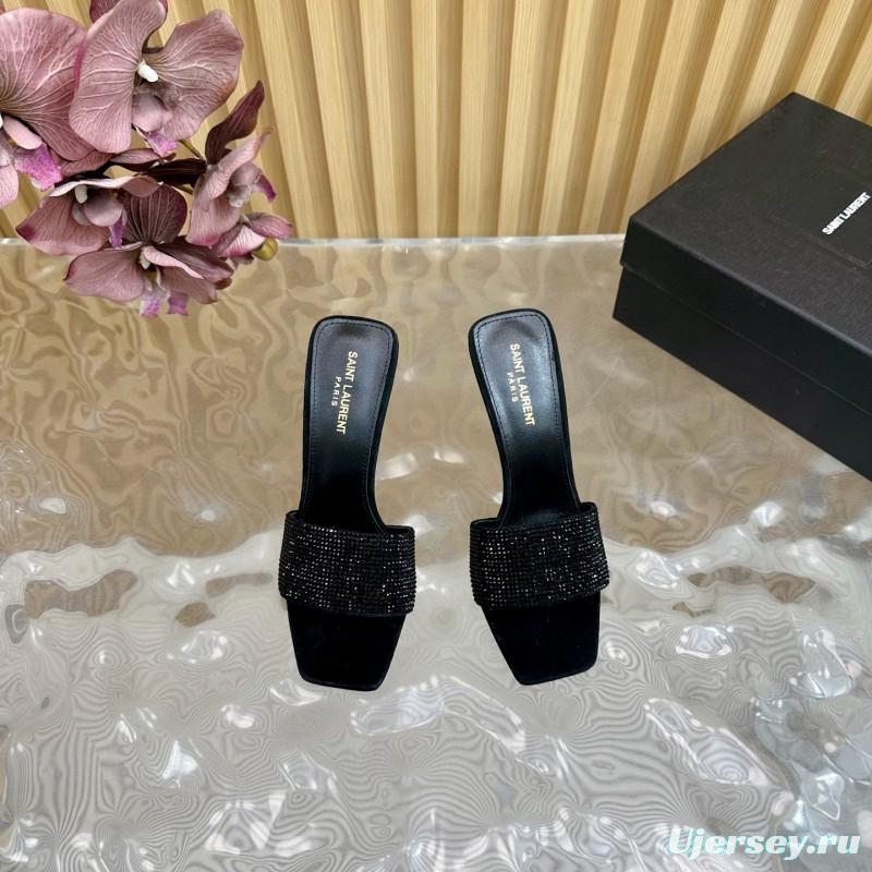 2025 Women Yves Saint Laurent Black Rhinestone Leather High Heel Sandals MJ00300