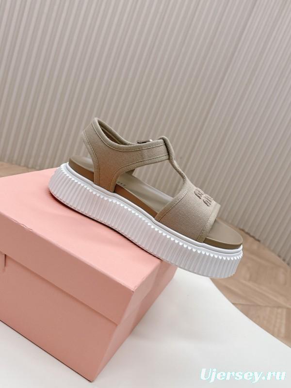 2025 Women Miu Miu Beige Canvas Sandals Buckle LY00360