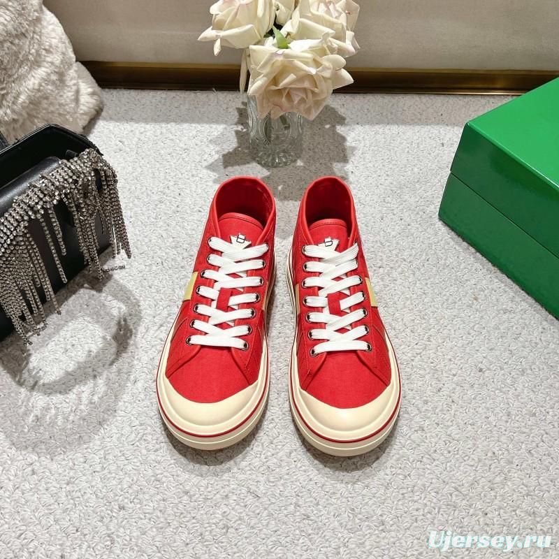 2025 Unisex Bottega Veneta Red Canvas Leather Sneakers Hand Painted LY00