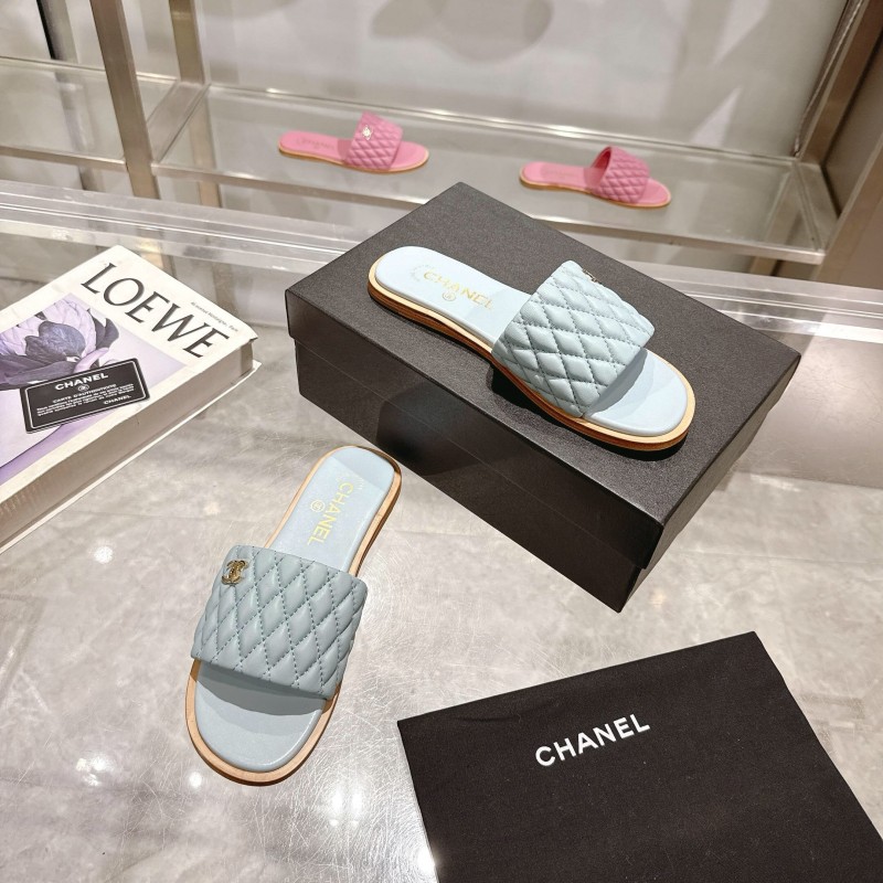 2025 Women Chanel Light Blue Lambskin Slippers