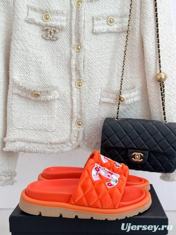 2025 Slippers Chanel Orange Leather Slippers KFY00260