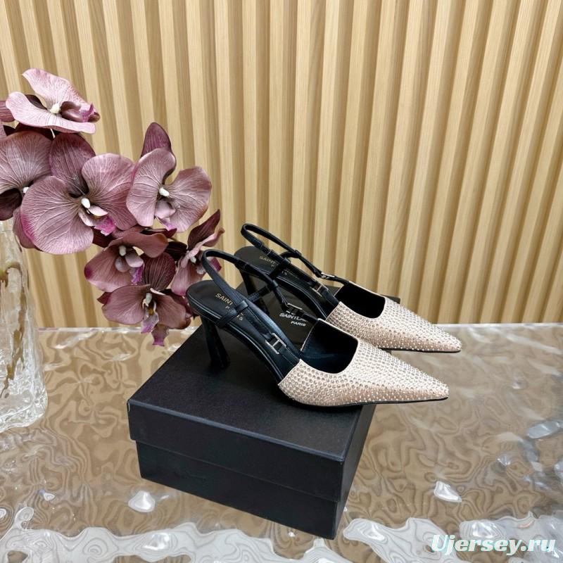 2024 Women Yves Saint Laurent Beige Rhinestone Silk Slingback Pumps MJ00320