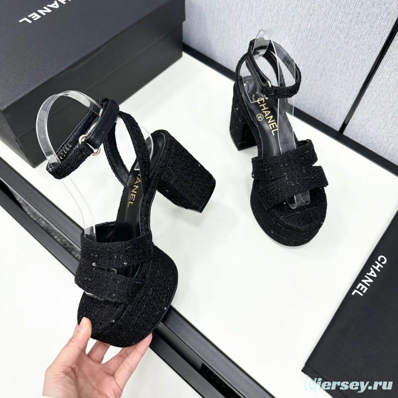 2025 Women Chanel Black Fabric Platform Sandals KFY00310