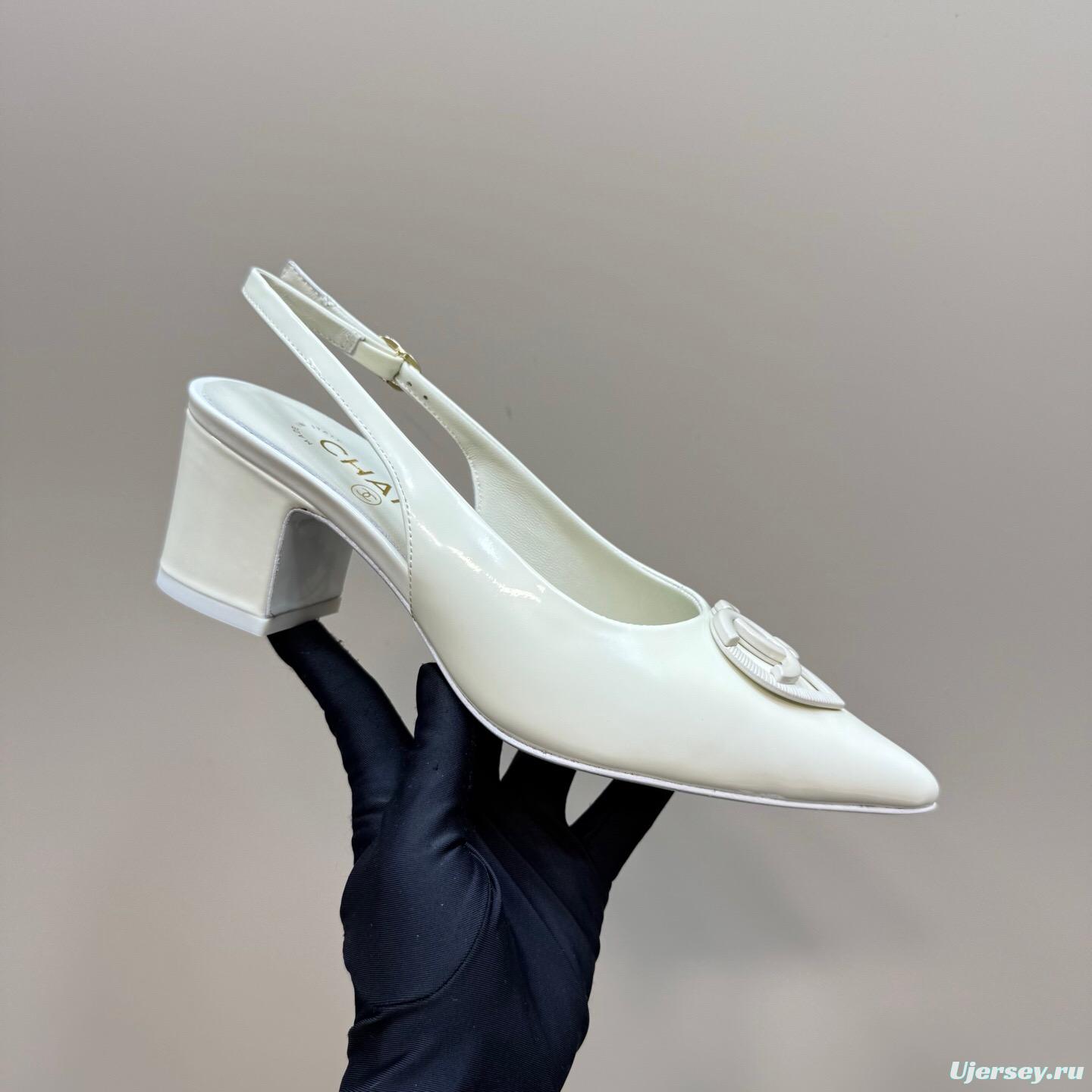 2025 Women Chanel White Patent Leather Slingback Pumps
