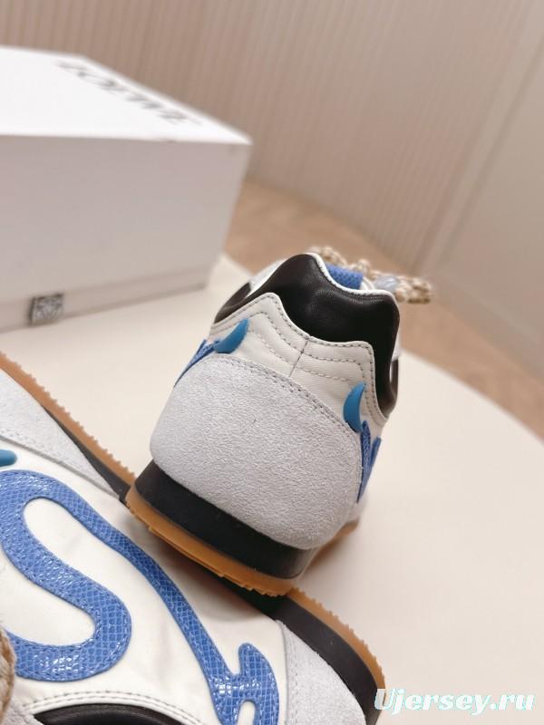 2025 Unisex Loewe White Blue Suede Mesh Casual Sneakers KFY00300