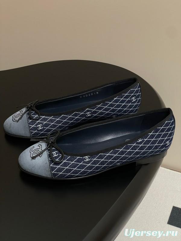 2025 Women Chanel Blue Denim Leather Ballet Flat