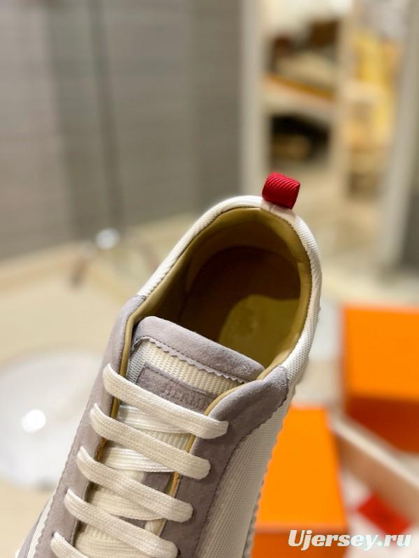 2024 Unisex Hermès White Grey Silk Leather Sneakers MJ00320