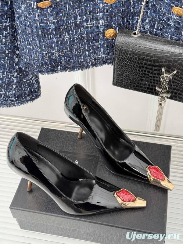 2024 Women Yves Saint Laurent Black Patent Leather High Heel Gemstone MJ00330