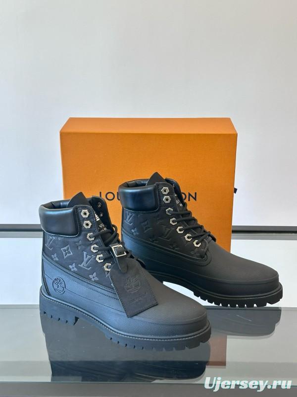 2024 Men Louis Vuitton Black Leather Monogram Work Boots MJ00390