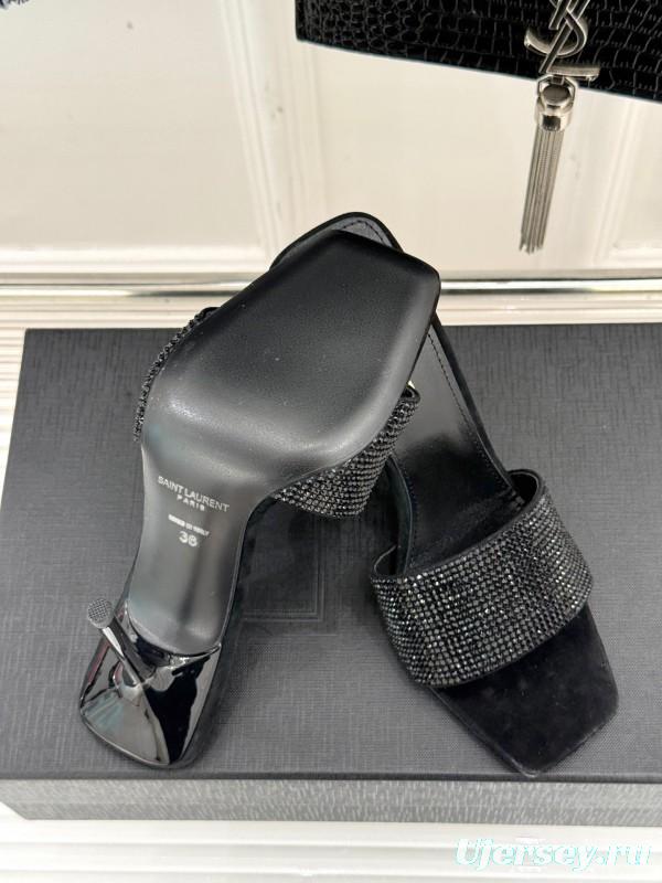 2025 Women Yves Saint Laurent Black Rhinestone Leather High Heel Slippers LY00300