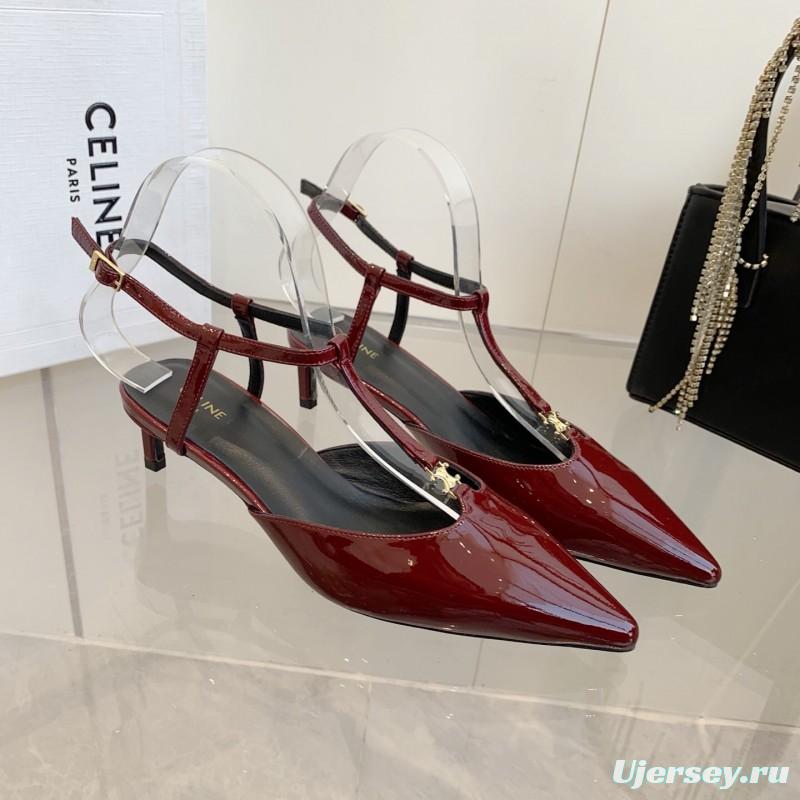 2025 Women Celine Red Patent Leather T-Strap Low Heel