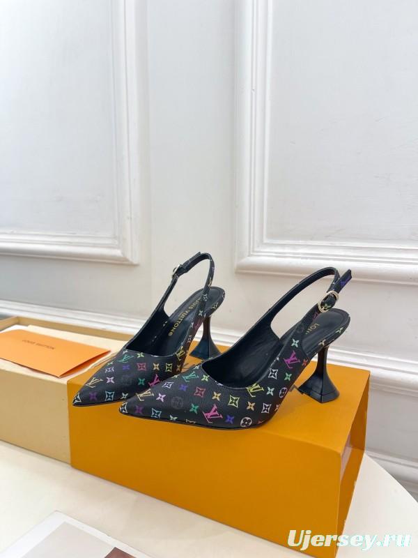 2025 Women Louis Vuitton Black Multicolor Leather Slingback Heels KFY00280