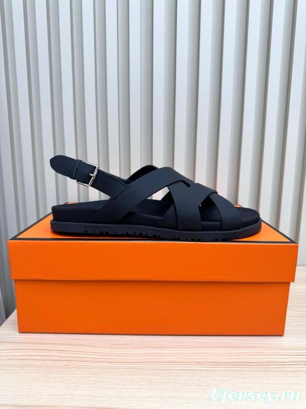 2025 Slippers Hermès Black Leather Sandals