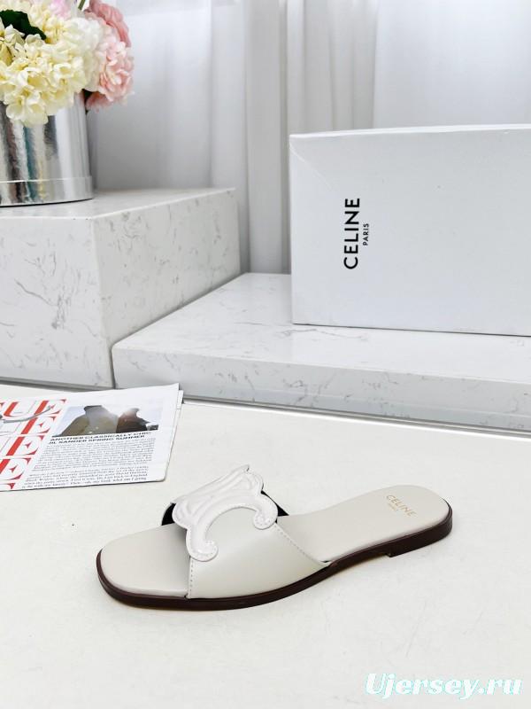 2025 Women Celine White Leather Slippers