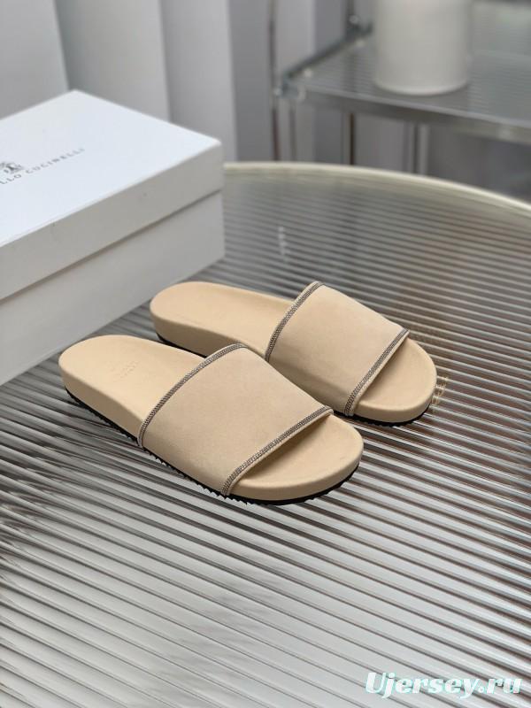 2025 Women Brunello Cucinelli Beige Suede Flat Slide Sandals Handmade Detailing KFY00240 (F)