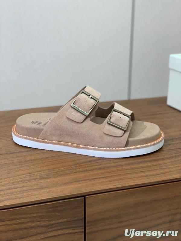 2025 Unisex Brunello Cucinelli Beige Suede Leather Slippers KFY00250