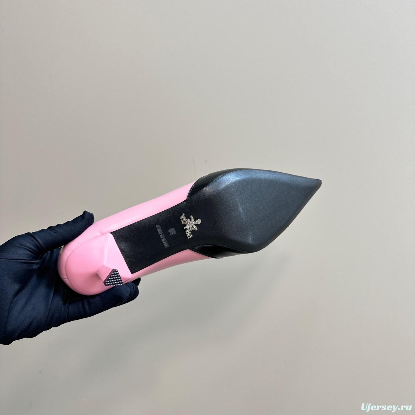 2025 Women Prada Pink Black Leather Pointed Toe Low Heel KFY00310