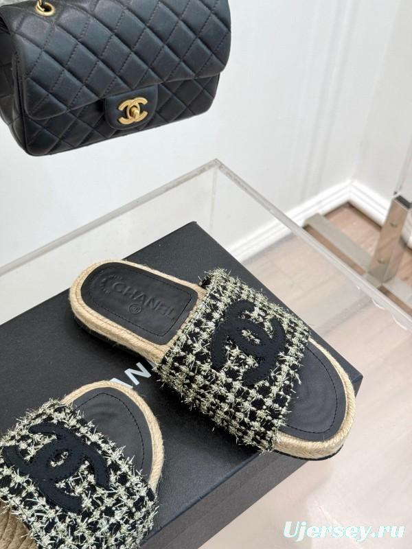 2025 CHANEL Black White Tweed Slippers
