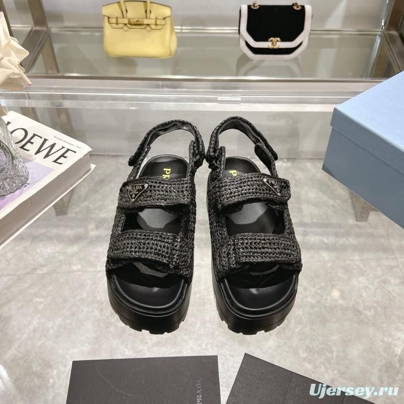 2025 Women Prada Black Woven Leather Sandals LY