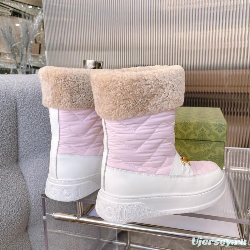 2024 Women Gucci Pink White Leather Shearling Snow Boots