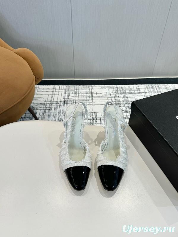2025 Women Chanel White Black Leather Tweed Slingback Block Heel LY00270