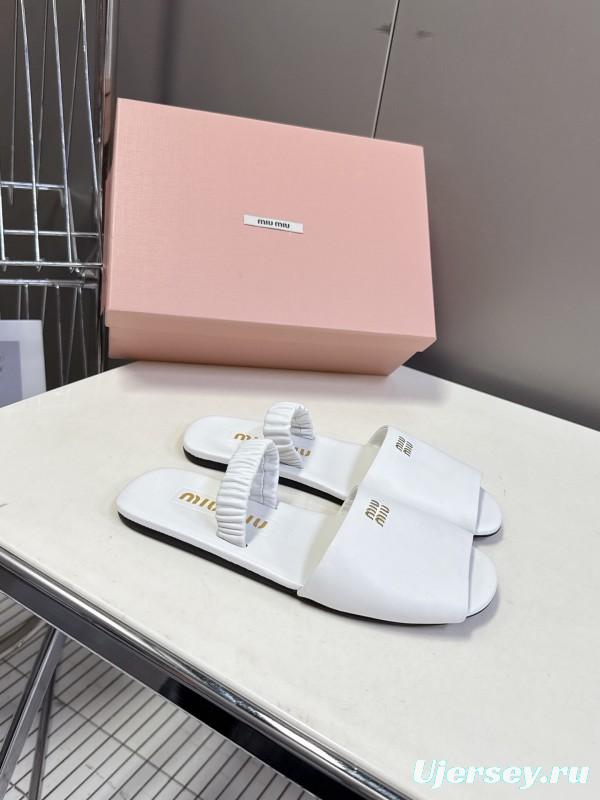 2025 Women Miu Miu White Leather Slippers LY00
