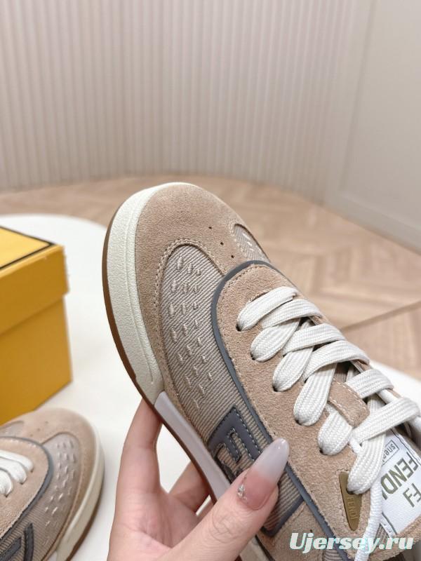 2025 Unisex Fendi Beige Light Brown Leather Suede Plimsolls FF Logo LY00350(F)/LY00360(M)