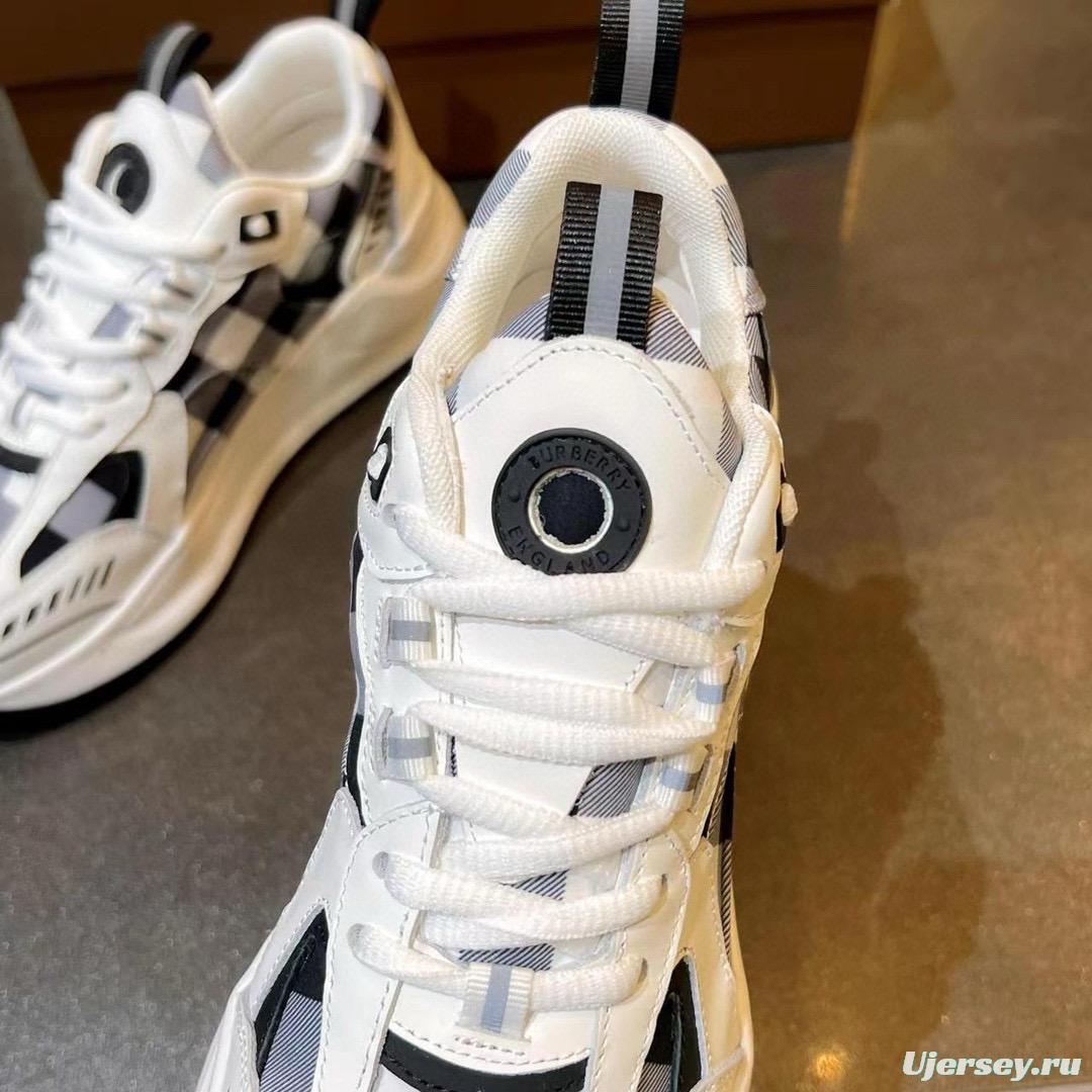 2025 Unisex Burberry White Black Cotton Leather Suede Chunky Sneakers Vintage Check MJ00380(F/W)