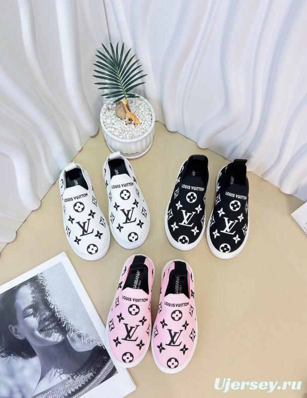 2024 Kids Louis Vuitton White Black Pink Canvas Slip-On Sneakers