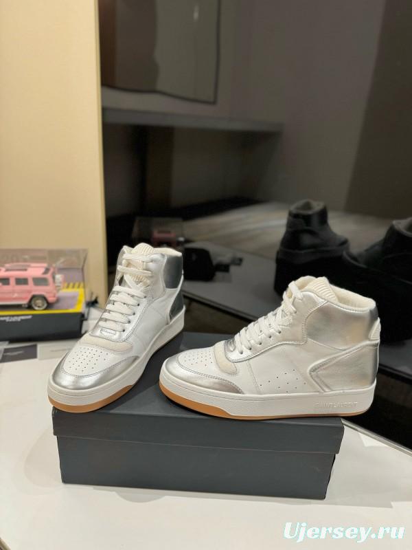 2024 Unisex Yves Saint Laurent White Silver Leather High Top Sneakers MJ00390
