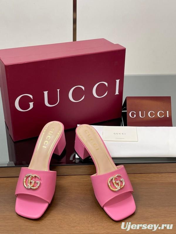 2025 Women Gucci Pink Lambskin Mid Heel Crystal GG Buckle Slide LY00280