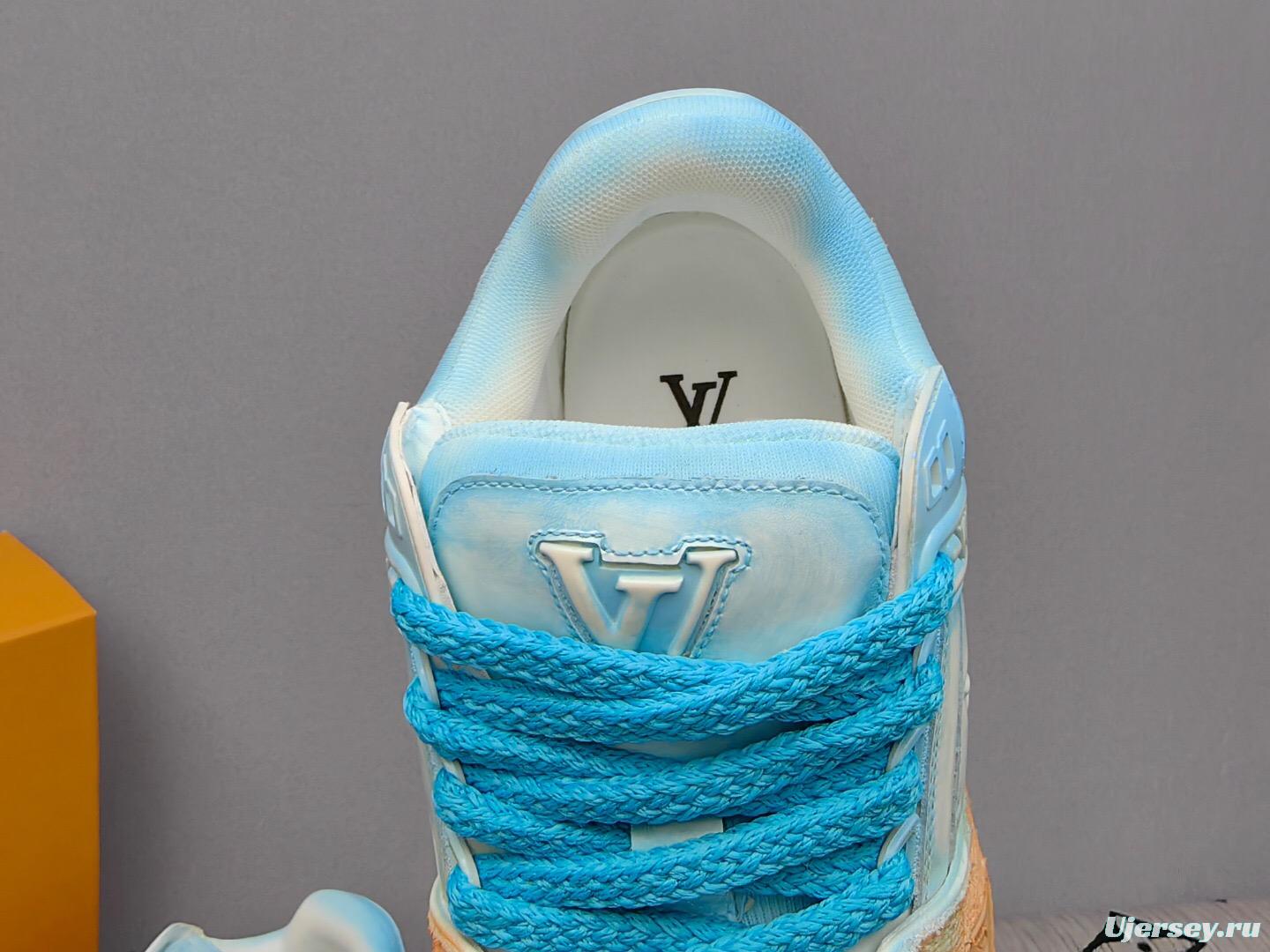 2025 Unisex Louis Vuitton Blue Orange Denim TPU Plimsolls Complex Wash KFY00510