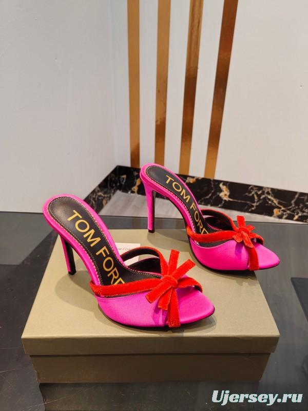 2025 Women TOM FORD Pink Red Silk Velvet High Heel Mules KFY00290