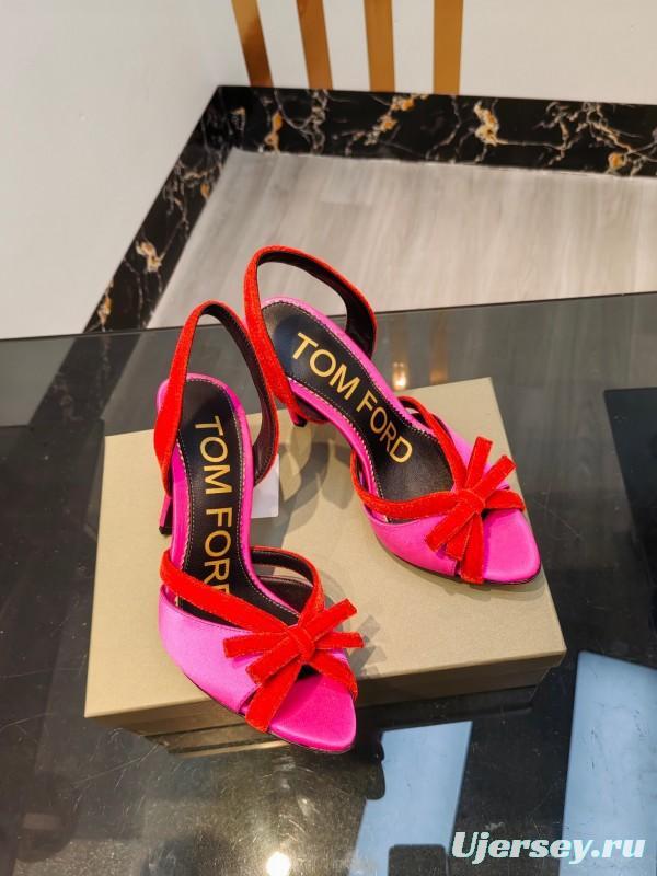2025 Women TOM FORD Pink Red Velvet Silk High Heel Open Back Sandals