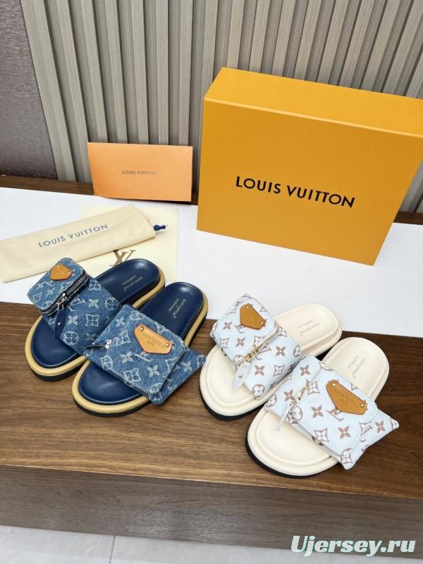 2025 LV Blue Denim Leather Slippers