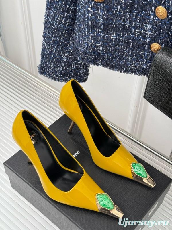 2024 Women Yves Saint Laurent Yellow Patent Leather High Heels