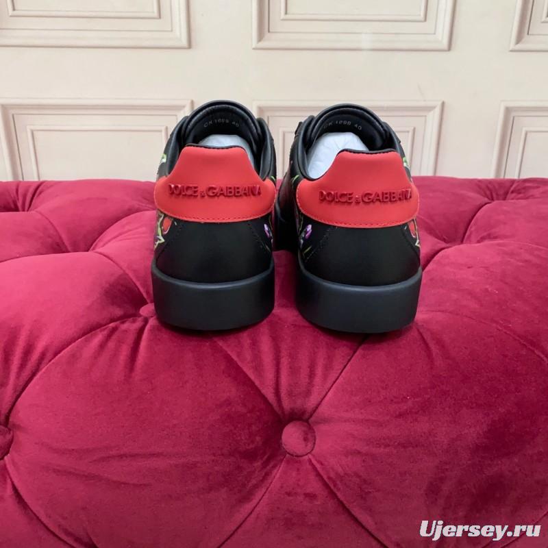 2025 Women Dolce & Gabbana Black Red Leather Sneakers Floral LY00300