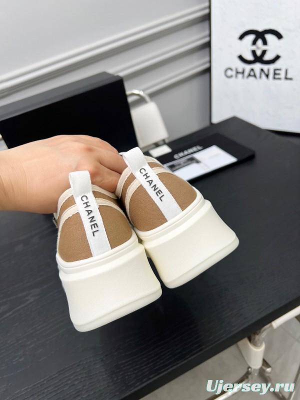 2025 Women Chanel Beige Canvas Leather Sneakers Collaboration LY00250