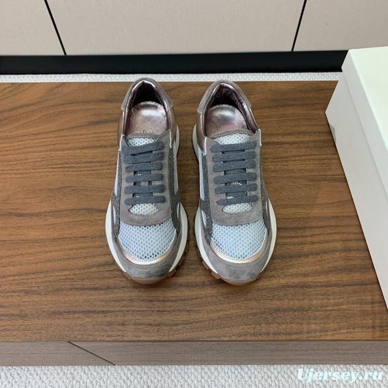 2025 Unisex Brunello Cucinelli Grey Silver Suede Mesh Sneakers