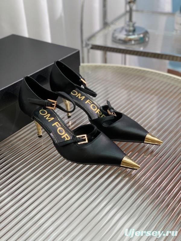 2025 Women TOM FORD Black Gold Leather Heels Metal Toe KFY00320