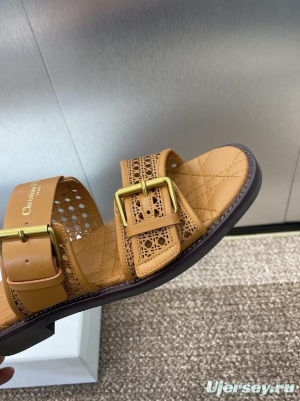 2025 Women Dior Brown Leather Slip-on Sandals