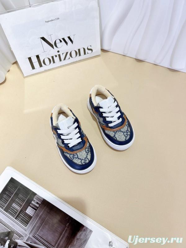 2024 Kids Gucci Blue Brown Canvas Leather Sneakers