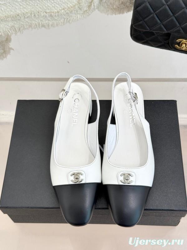 2025 Women Chanel White Black Leather Slingback Heels