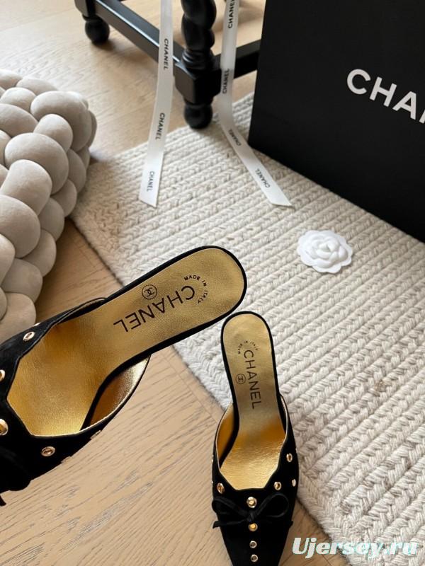 2025 Women Chanel Black Suede Pointed Toe Studded Mules