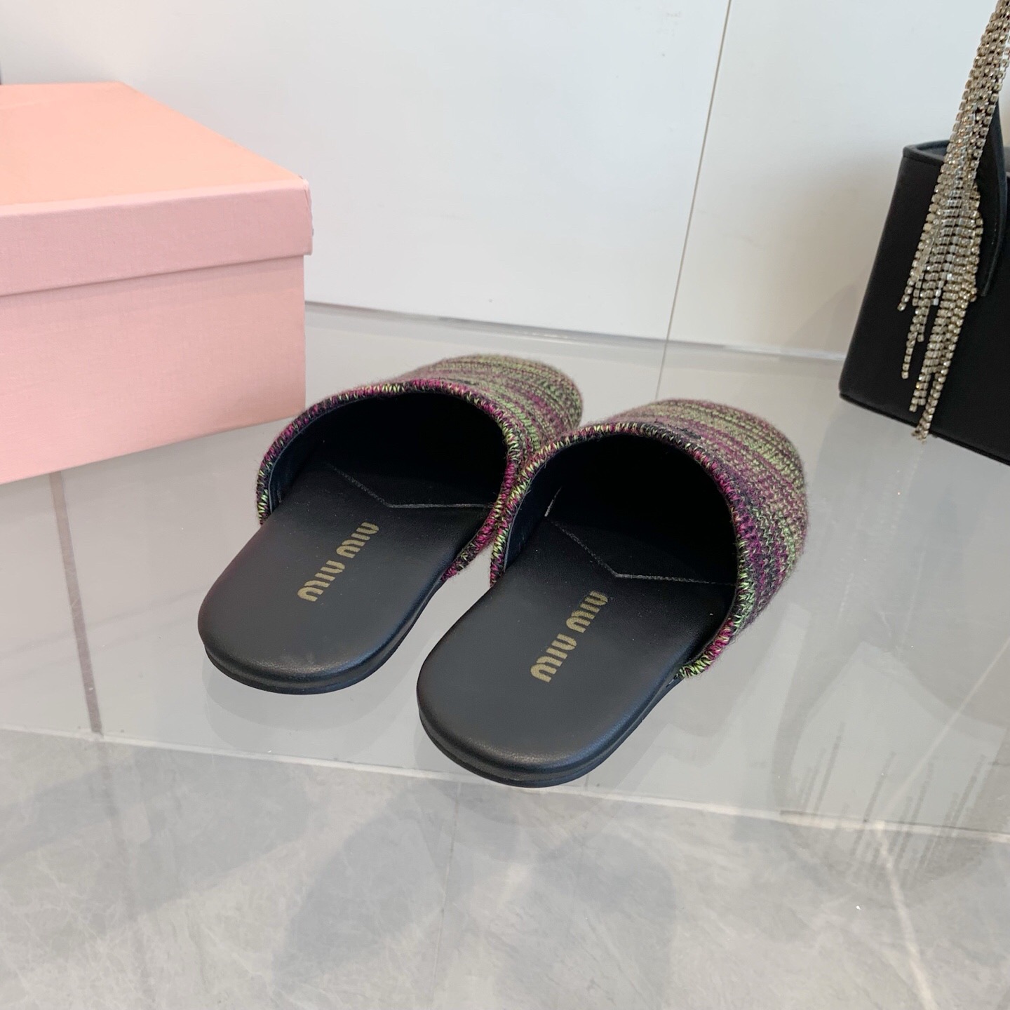 2025 Miumiu Purple Green Black Knitted Slippers