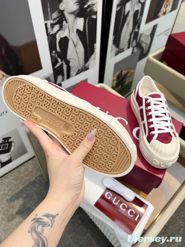 2025 Women Gucci Burgundy Canvas Rubber Sole Thick Platform Sneakers Handcrafted LY00270