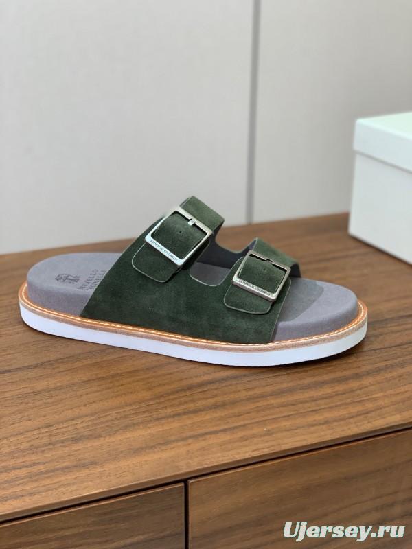 2025 Unisex Brunello Cucinelli Green Suede Leather Slippers KFY00250