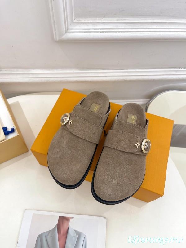 2025 Women Louis Vuitton Brown Suede Slippers Flower Buckle KFY00300